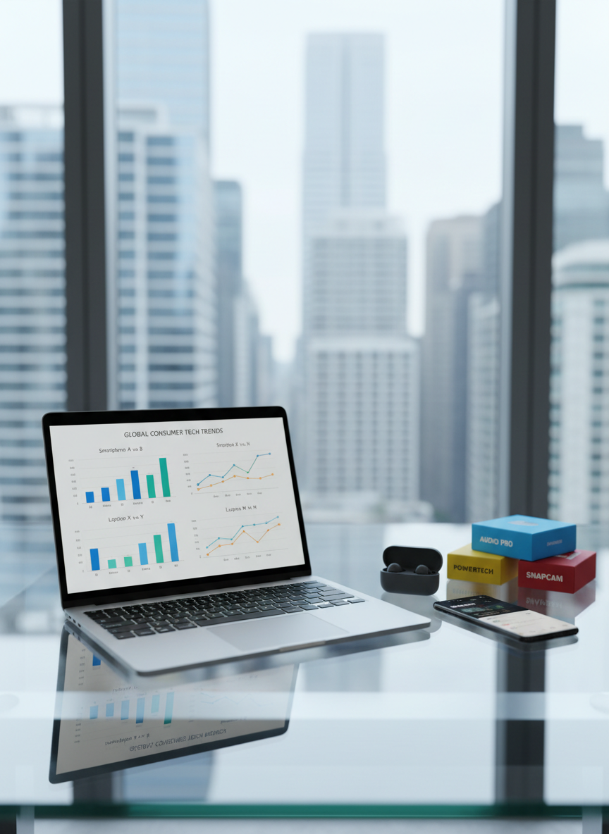 A modern glass-top desk covered with neatly arranged consumer electronics: a slim silver laptop displaying charts of product comparisons, a glossy black smartphone beside a pair of matte wireless earbuds, and a small stack of colorful product packaging boxes. Behind the desk, a city skyline is softly blurred through a large floor-to-ceiling window. Cool, diffused daylight enters the room, creating gentle reflections on the glass surface and subtle highlights on the devices. Photographic realism with a clean, professional aesthetic, shot at eye level with a shallow depth of field. The mood is analytical yet inviting, ideal for a global consumer news homepage hero image about product trends and buying decisions.