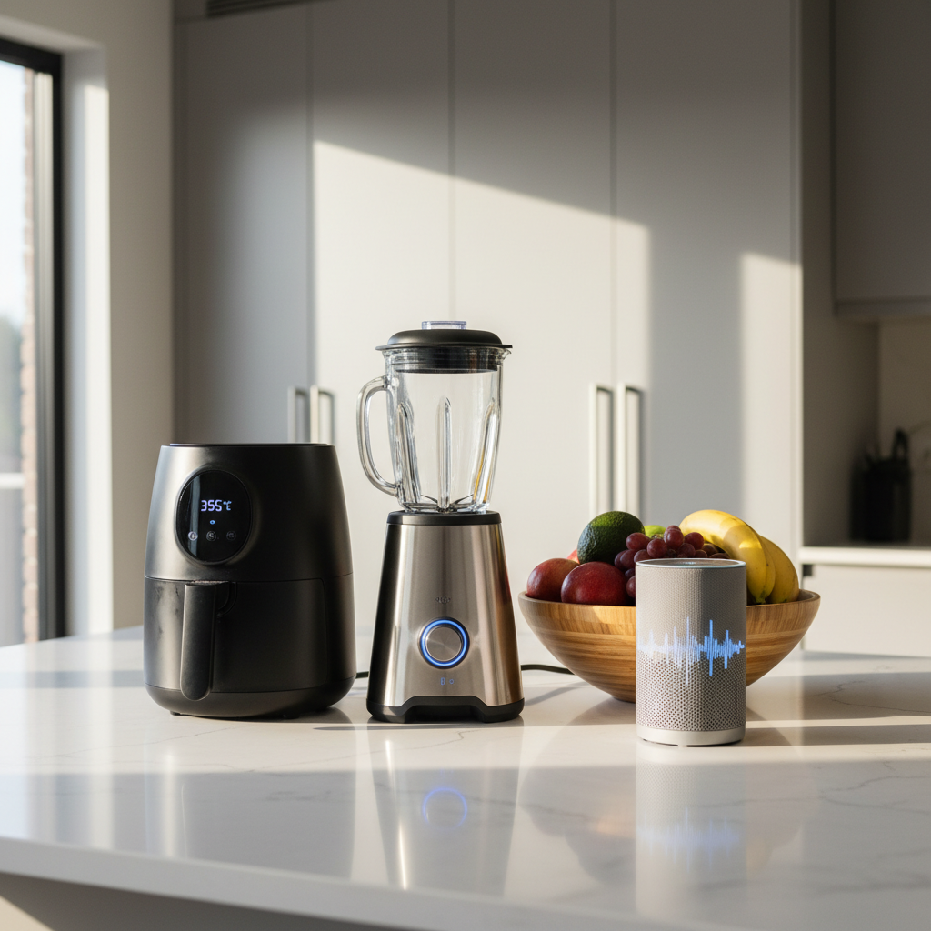 A polished kitchen island in pale quartz displaying a curated selection of trending home appliances: a compact air fryer with a matte black finish, a gleaming stainless-steel blender, a slim smart speaker showing a subtle digital interface, and a bamboo fruit bowl filled with fresh produce. The background shows a modern, uncluttered kitchen with flat-front cabinets in soft gray. Natural afternoon light streams in from an unseen window, creating warm highlights on metal surfaces and soft, realistic shadows. Photographic realism with a slightly elevated angle and rule-of-thirds composition, conveying a professional yet approachable atmosphere suitable for consumer news about home and lifestyle buying decisions.