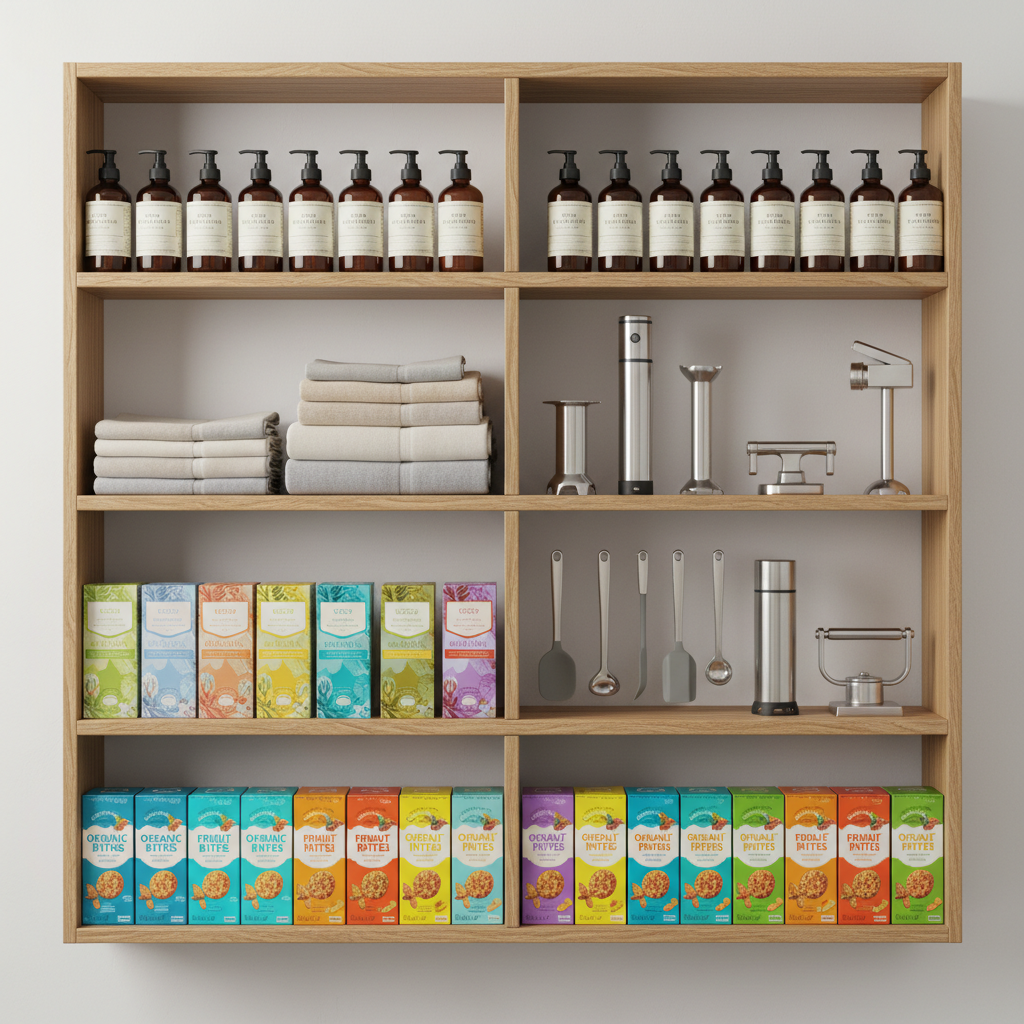 An organized wooden shelving unit filled with a diverse range of consumer goods: eco-friendly cleaning bottles with minimalist labels, neatly folded neutral-toned towels, sleek kitchen gadgets in brushed stainless steel, and colorful snack boxes lined up in precise rows. The scene is set in a bright, contemporary interior with a matte white wall in the background. Soft studio lighting from the left casts even illumination with gentle shadows, highlighting textures of fabric, paper, and metal. Photographic realism, captured in a straight-on composition with sharp focus throughout, creating a calm, authoritative mood that suggests comprehensive coverage of everyday products and lifestyle choices.
